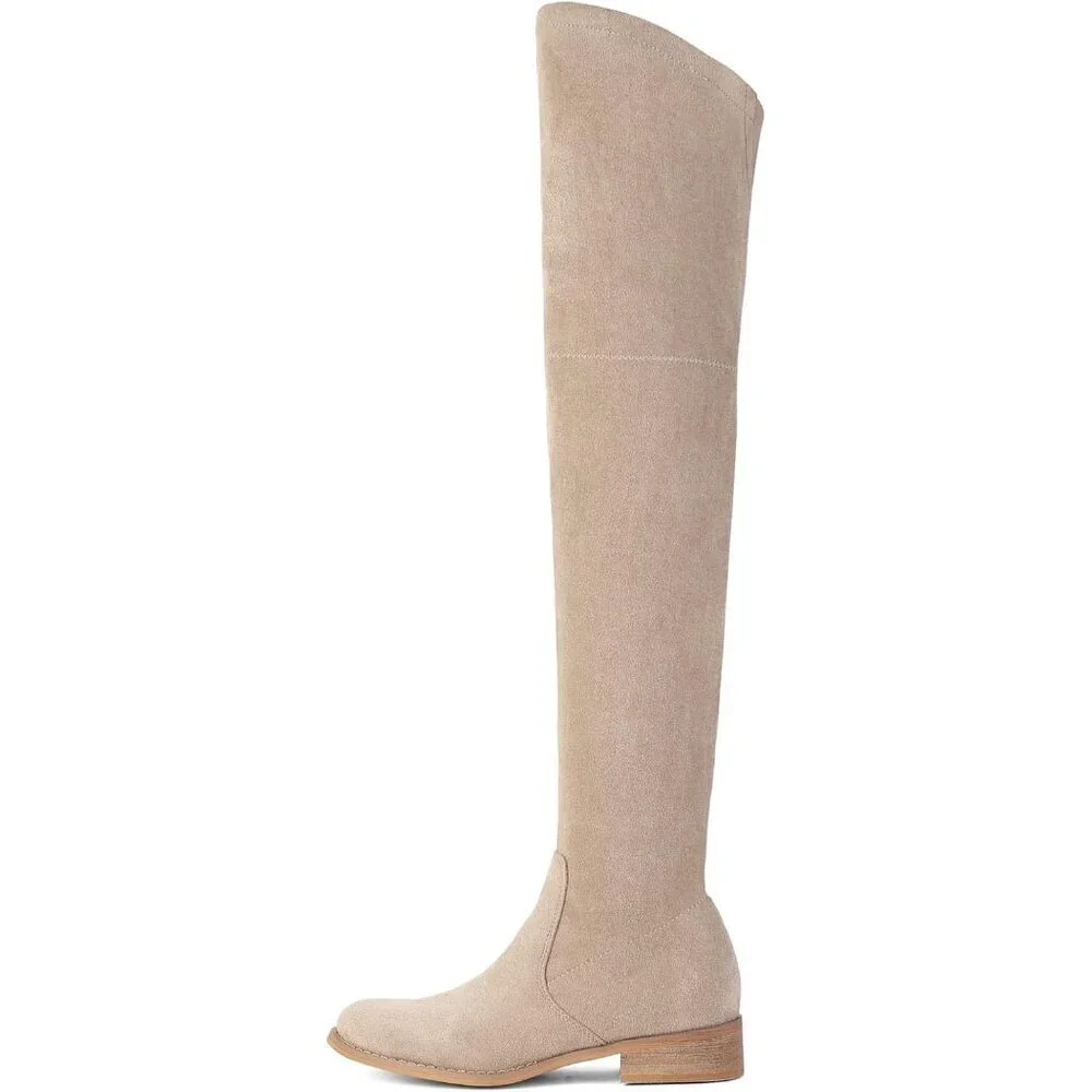 Women Khaki Faux Suede Over The Knee Thigh High Low Block Heel Pointed Toe Boot